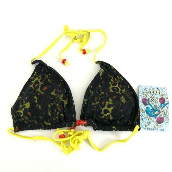 Sinful by Affliction Bikini Top Reversible Leopard Lace Overlay Black Yellow M - Picture 1 of 5